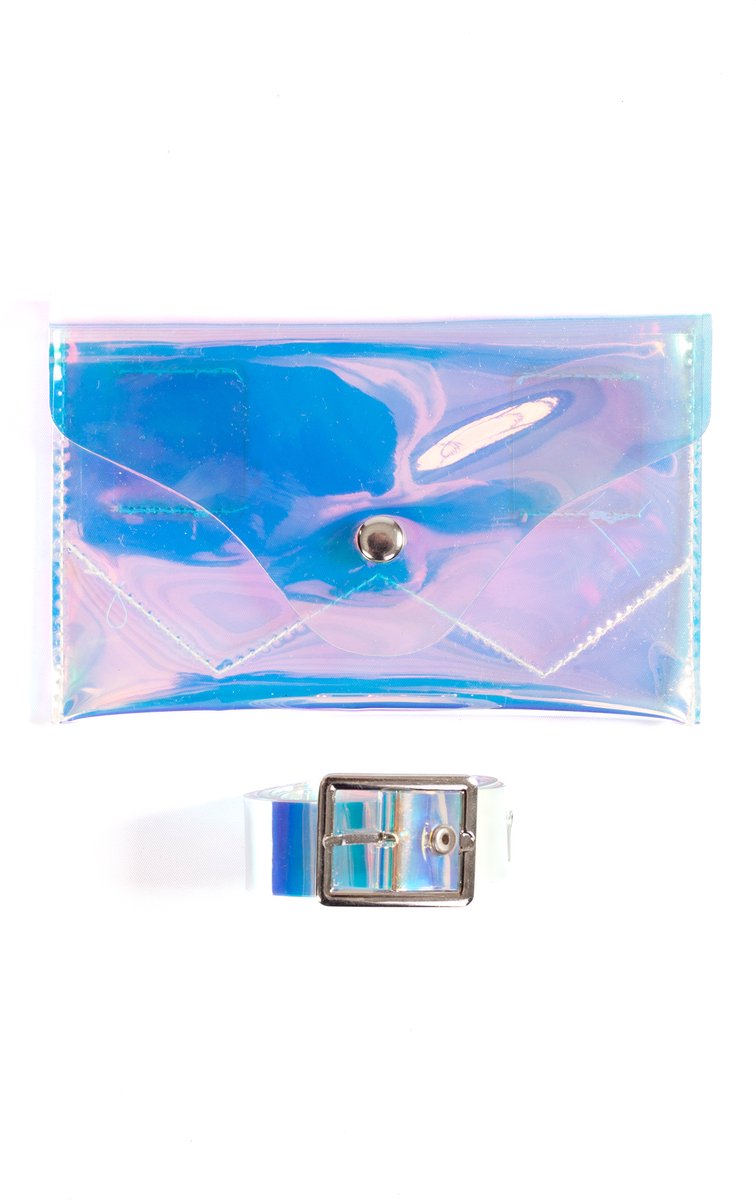 KIMU® Klein Transparant Heuptasje Aan Riem Holografisch Iridescent - Heuptas Pvc Fanny Pack - Doorzichtig Regenboog Tas Tasje - 1 Drukknoopje Festival