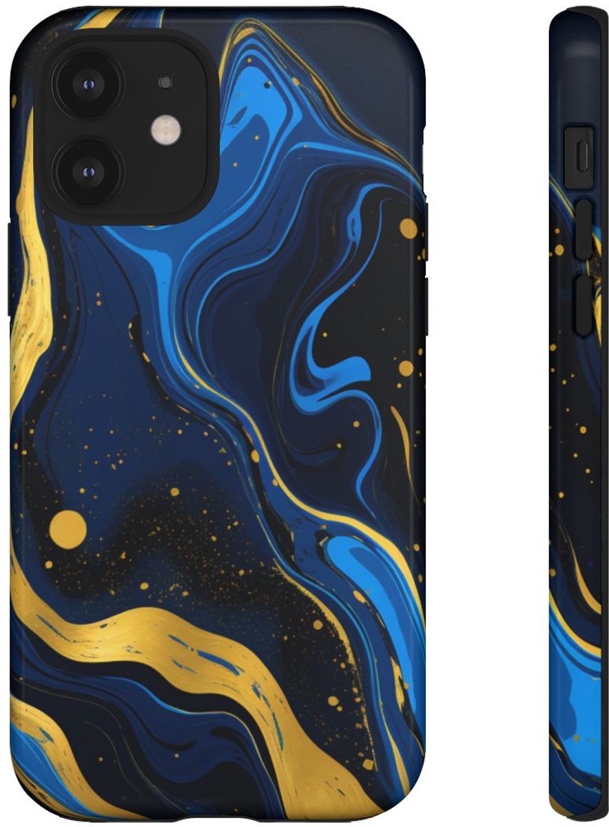 Neonblauw en Goud Marmer Abstract – Telefoonhoesje Geschikt voor iPhone 12