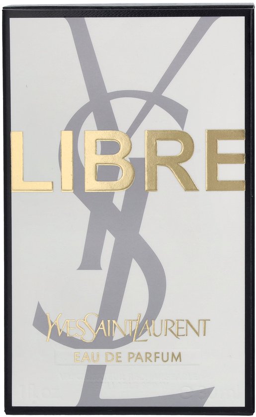 Doos YSL Libre Eau de Parfum damesparfum met gouden YSL-logo en tekst 'LIBRE'.