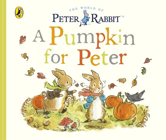 Couverture du livre 'A Pumpkin for Peter' avec Peter et Benjamin Lapin, citrouilles et champignons en automne.