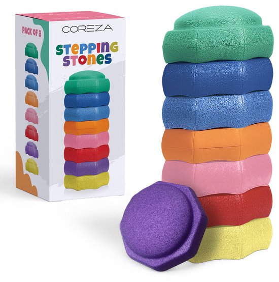 Een stapel van acht gekleurde stenen naast de doos met 'Stepping Stones' erop.