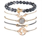 Joboly Set armbanden infinity love hartje diamant wereldbol en schildpad 5 delig - Dames - Goudkleurig - 15-20 cm