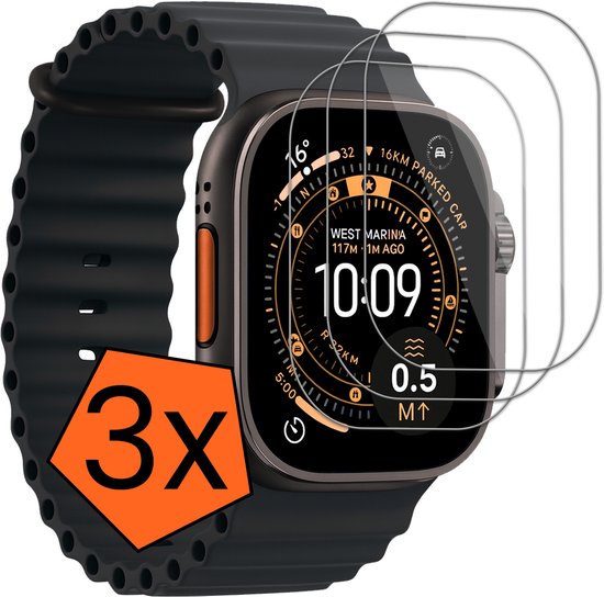 Drie screenprotectors op een Apple Watch Ultra met donkere band. Text "3x" in oranje achthoek.