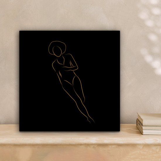 Canvas schilderij 20x20 cm - Wanddecoratie Vrouw - Gold - Black - Line art - Muurdecoratie woonkamer - Slaapkamer decoratie - Kamer accessoires - Schilderijen op canvas