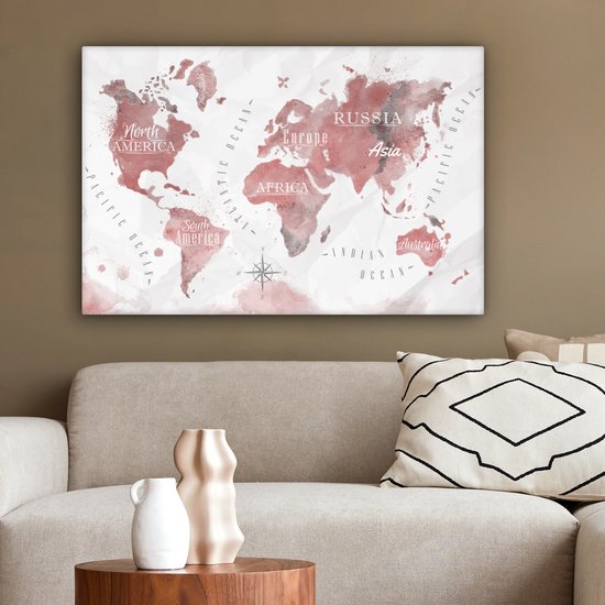 Peintures Toile Wereldkaart - Peinture - Rose - 60x40 cm - Décoration murale