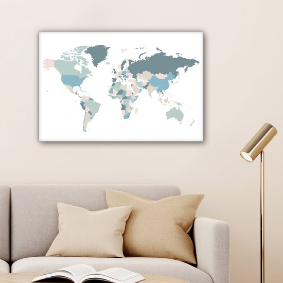 Wereldkaart avec des pays de différentes couleurs pastel sur fond blanc 90x60 cm