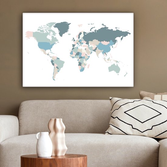 Wereldkaart avec des pays de différentes couleurs pastel sur fond blanc 90x60 cm