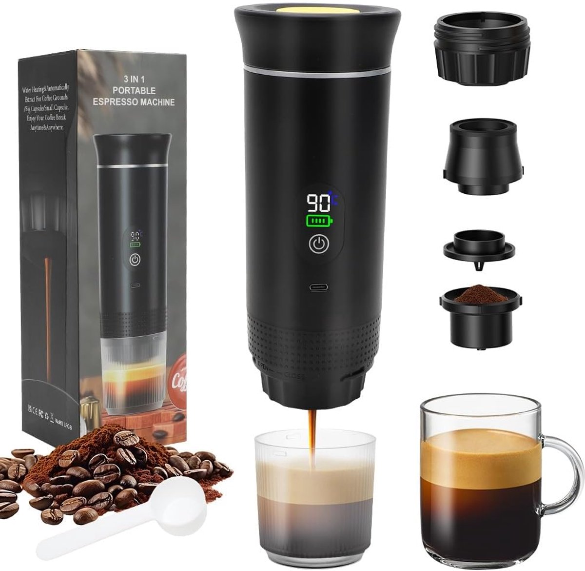 Draagbare espressomachine voor onderweg - Zelfverwarmend, USB en autolader, Perfect voor camping en reizen
