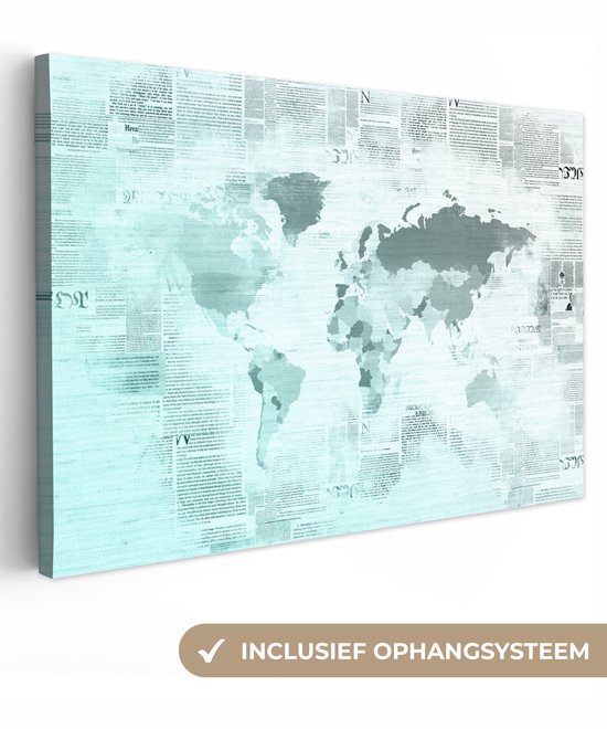 Wereldkaart aux couleurs bleu clair sur fond de papier journal 140x90 cm