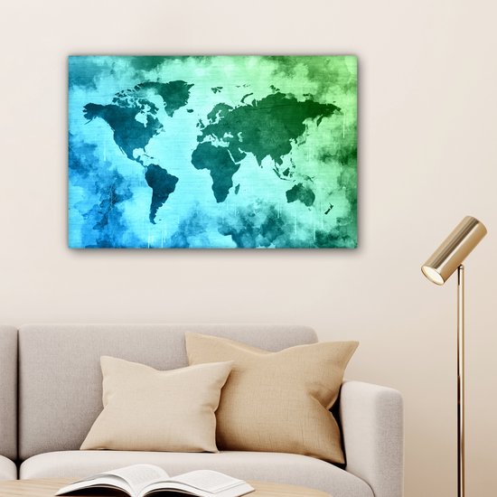 Wereldkaart avec peinture bleue qui passe au vert sur fond avec motif texturé 60x40 cm