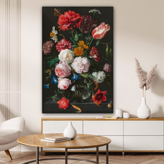 Nature morte avec des fleurs dans un vase en verre - Peinture de Jan Davidsz de Heem Toile 80x120 cm - Tirage photo sur toile (Décoration murale salon / chambre)