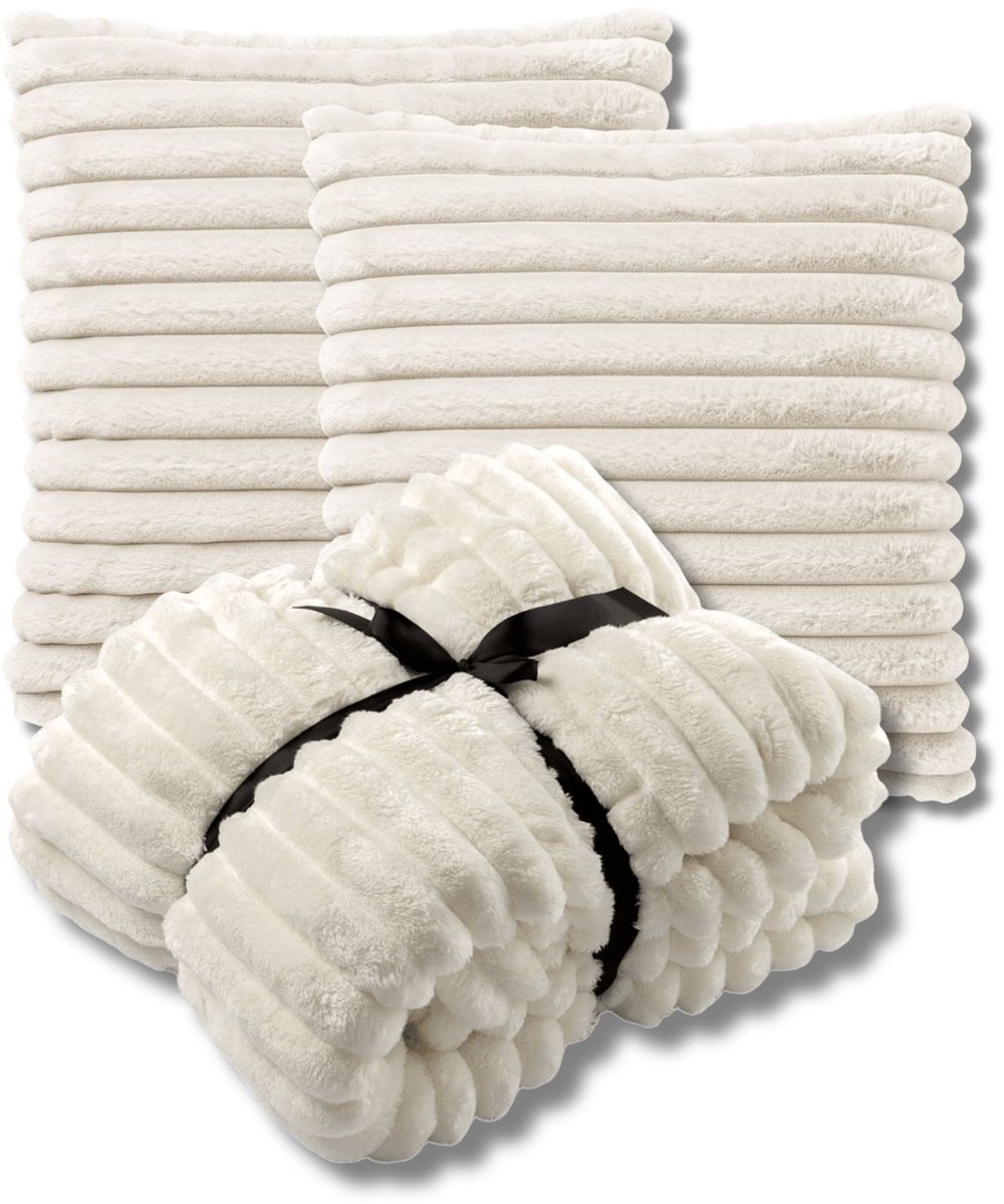Dutch Decor VOORDEELSET - 3-delig - Hazel & Ricky - 2 sierkussens 50x50 cm - 1 plaid 150x200 cm - wit