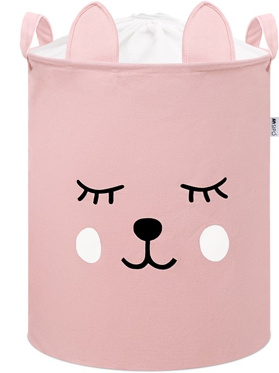 Roze opbergmand met een slapend teddybeergezicht.