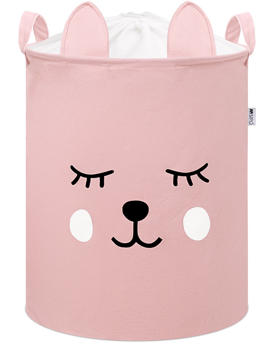 Roze Speelgoedopbergmand met Teddy Beer Gezicht - Katoenen Opbergbox met Trekkoord - Kinderwasmand - 43 Liter - 35x35x45 cm - Sipo - Speelgoedmand