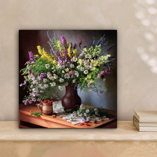 Tableau sur toile Fleurs - Tableau - Nature morte - Bouquet - Vase - 20x20 cm - Décoration murale
