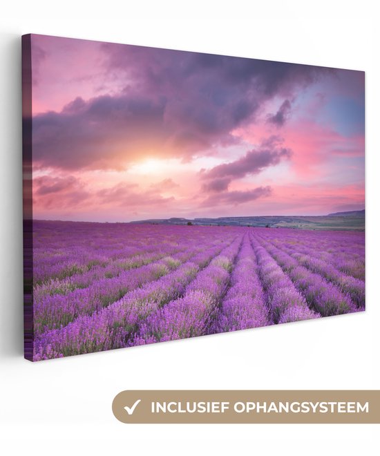 OneMillionCanvasses - Canvas - Schilderij - Bloemen - Lavendel - Zon - Wolken - Paars - Canvas bloemen - Foto op canvas - 120x80 cm - Schilderijen op canvas - Muurdecoratie