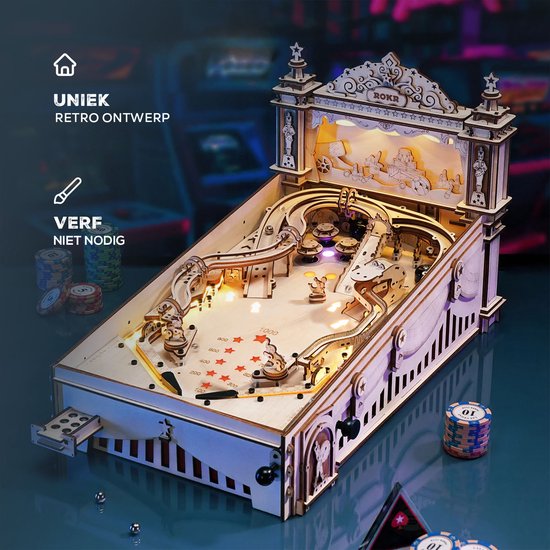Robotime Pinball Machine - Houten Flipperkast - 3d Puzzel - 47.5 x 27.5 x 28 cm - Bouwpakket voor Volwassenen en Kinderen - DIY