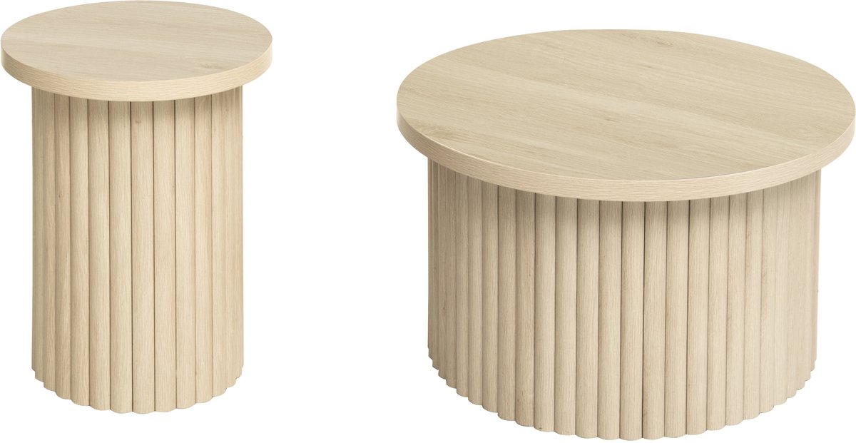 Merax Ronde Salontafel Set - 2 Delig - Bijzettafels in Houtlook met Uniek Golfpatroon - Moderne Koffietafel voor Woonkamer - Slaapkamer en Kantoor