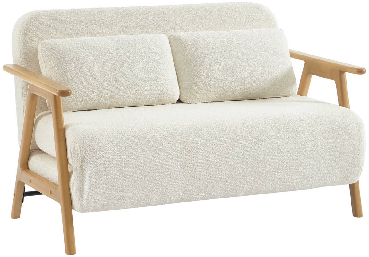 sweeek Slaapbank 2 plaatsen rubberhout naturelkleurig en boucléstof l 133 x b 81 x h 84cm - sven Crème