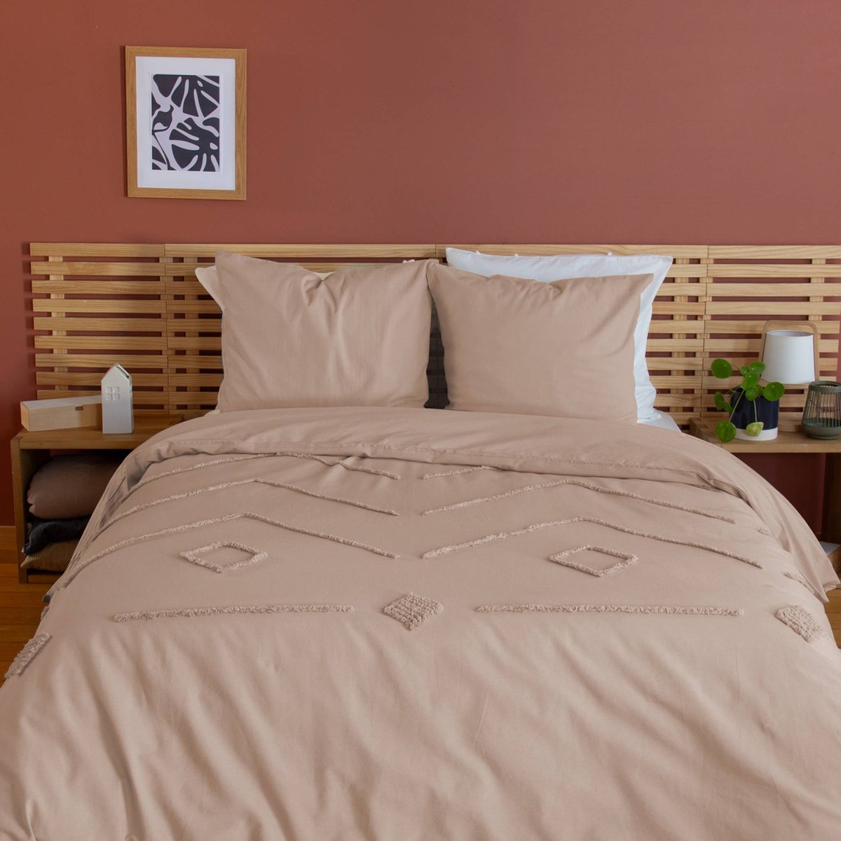 sweeek - 2-persoons bedset gewassen katoen getufte geometrische motieven poederroze - ariane