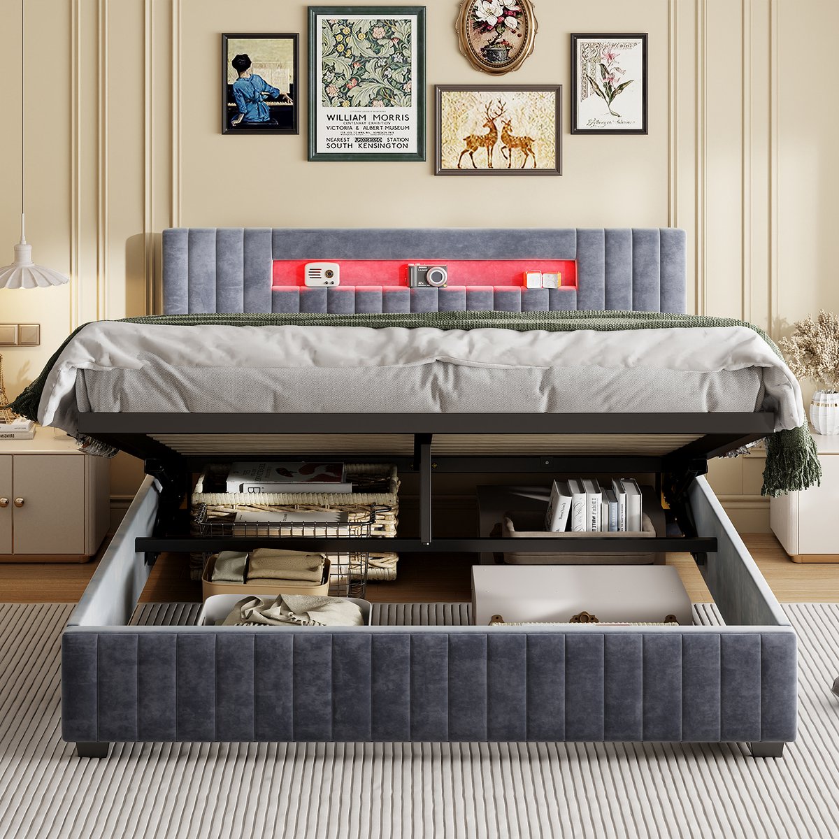 Tweepersoonsbed Grijs Fluweel Opbergbed met Gasveer