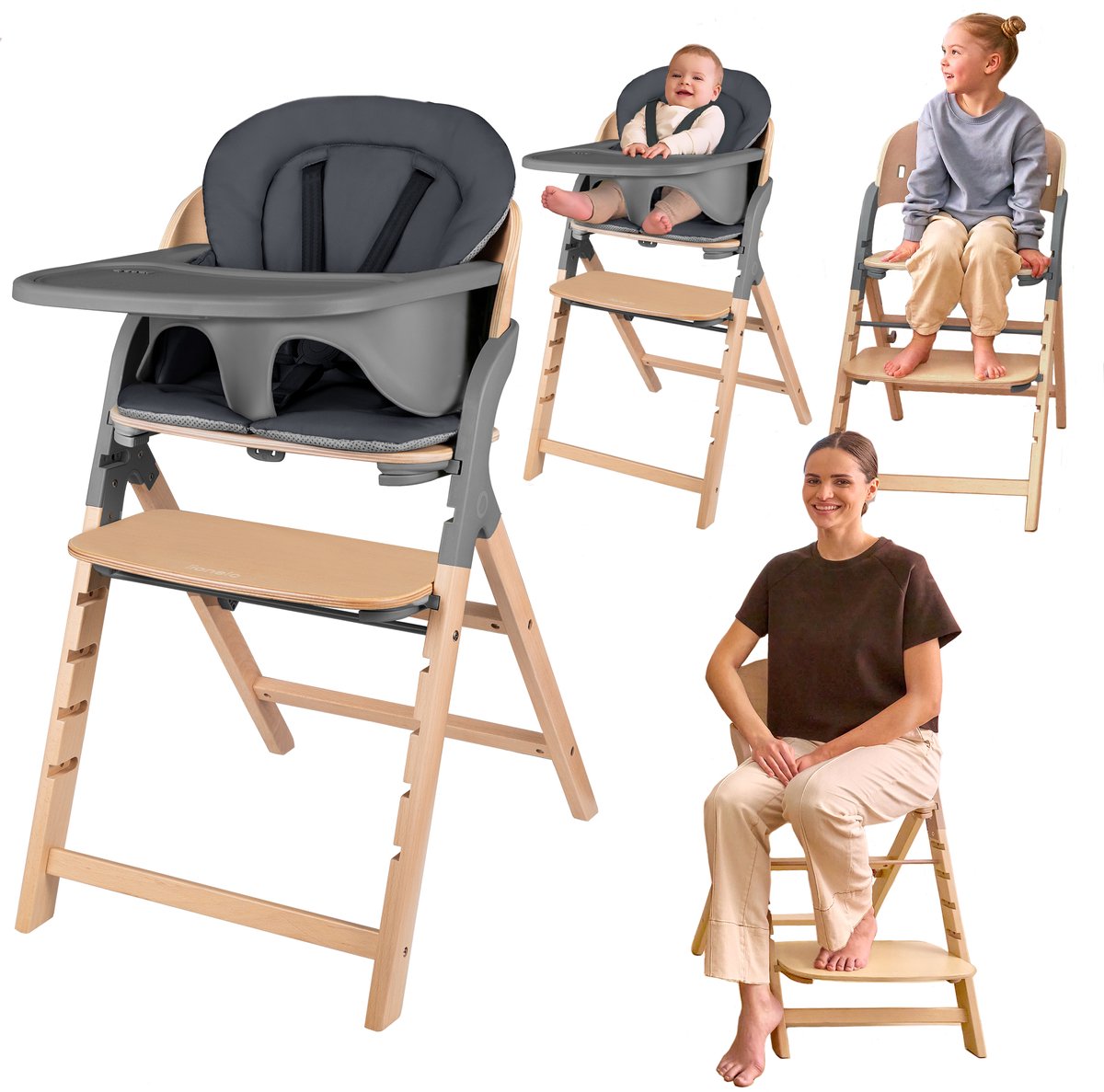 Lionelo Megan – Houten Kinderstoel / Eetstoel Baby – Meegroeistoel 3in1: van 6 mnd tot 110 kg – Verstelbare: Zitting Voetsteun & Tafel – 5-puntsgordel – Dienblad met siliconen inzet – Wasbaar Kussen – Antislipvoetjes – Baby Stoel