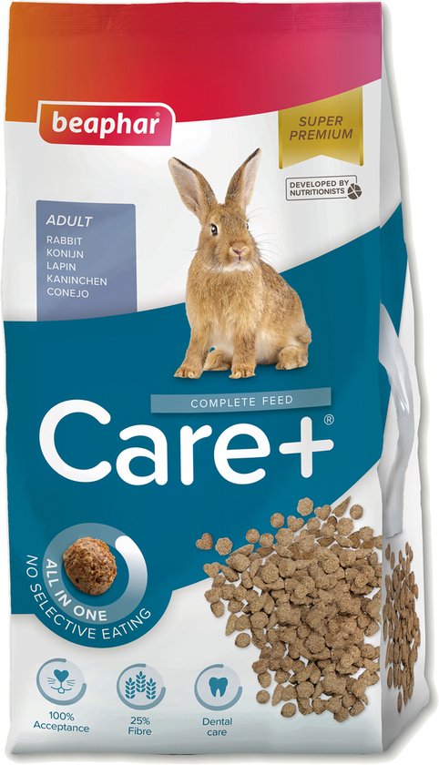 Zak Beaphar Care+ konijnenvoer met een konijn en brokjes.