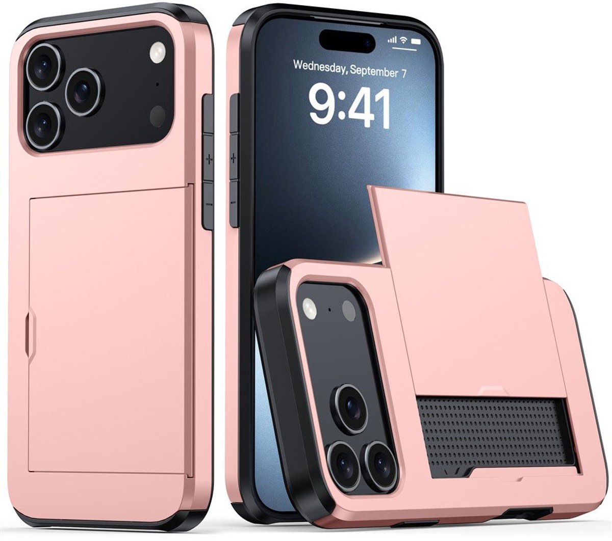 Mobiq - Hybrid Card geschikt voor iPhone 17 Pro Max Hoesje met Pashouder - roze