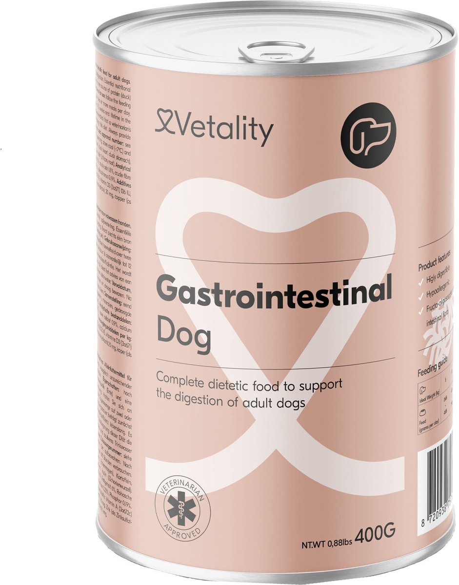 Vetality Natvoer Hond Gastrointestinal - 12 x 400 g - Licht Verteerbaar - Ondersteunt de Spijsvertering - Gezonde Darmflora