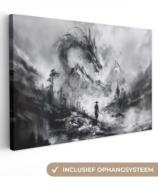 Tableau sur toile 120x80 cm - Décoration murale Guerrier - Dragon - Grijs - Décoration murale salon - Décoration chambre - Accessoires chambre - Peintures sur toile