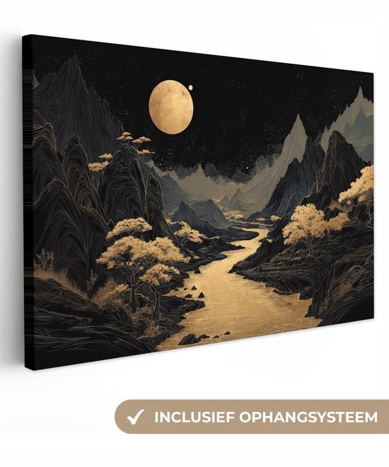 Schilderij van een gouden rivier door bergen onder een nachtelijke hemel met maan. Inclusief ophangsysteem.