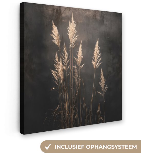 Canvas schilderij 20x20 cm - Wanddecoratie Siergras - Pluimen - Verlichting - Zwart - Muurdecoratie woonkamer - Slaapkamer decoratie - Kamer accessoires - Schilderijen op canvas