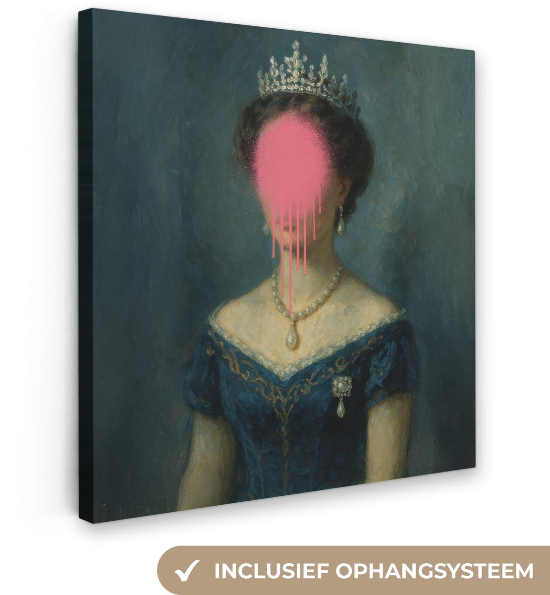 Canvas schilderij 20x20 cm - Wanddecoratie Kroon - Roze druipend verf - Portret - Muurdeco