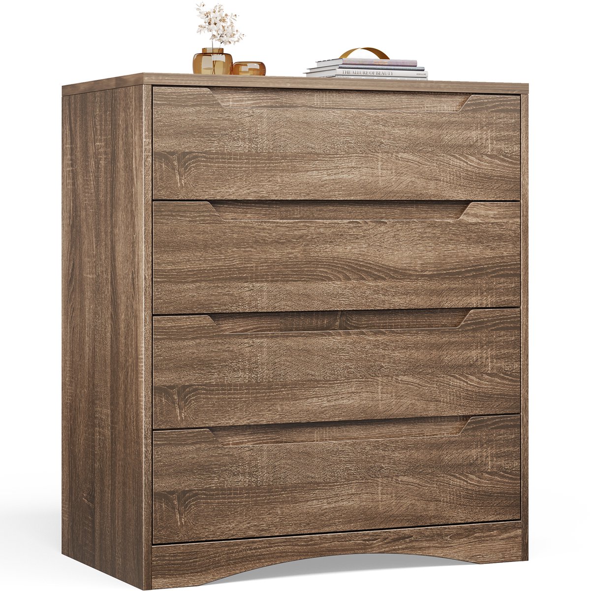 Xbro Ladekast met 4 Ruime Laden – Commode met Uitgesneden Handgrepen en Kantelbeveiliging – Voor Slaapkamer, Woonkamer of Kantoor – Litchbruin – 80 x 40 x 70 cm