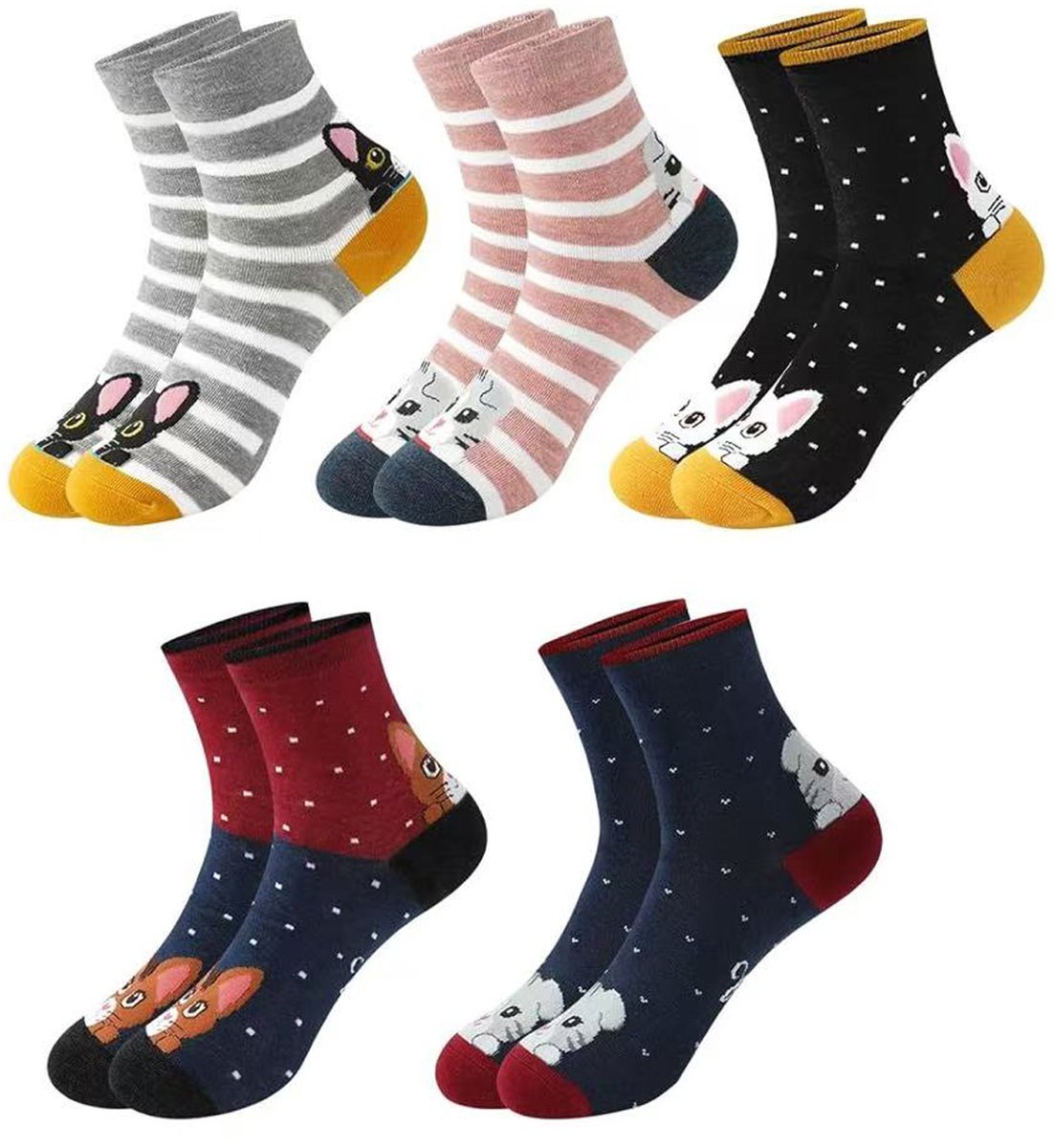 Lixin Novelty Animal Sokken - Maat 35-40 - 5 Paar - Fashion Socks - Dames sokken - Kleurrijke sokken met schattige kat - Casual katoenen sokken - Tieners - Vrouwen - Volwassenen - Leuk Sokken