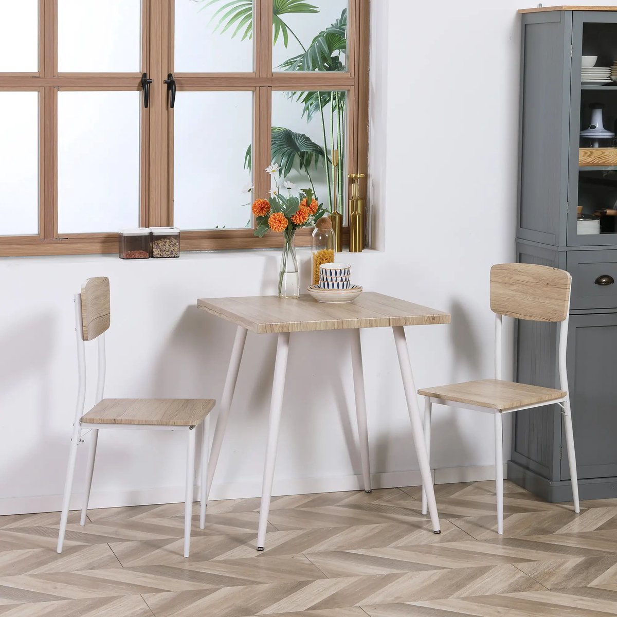 Pugsdrly 3-delige eetset Eettafel met 2 stoelen Eetkamerset met metalen frame Zithoek voor eetkamer, keuken Naturel+wit