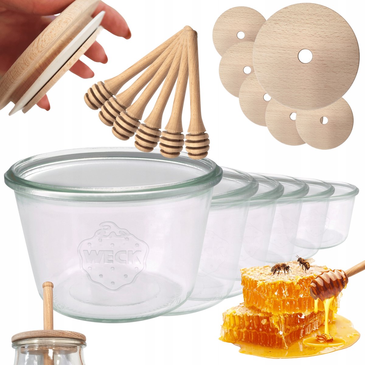 Weck Honing Potten met Lepel - 370ml - Set van 6