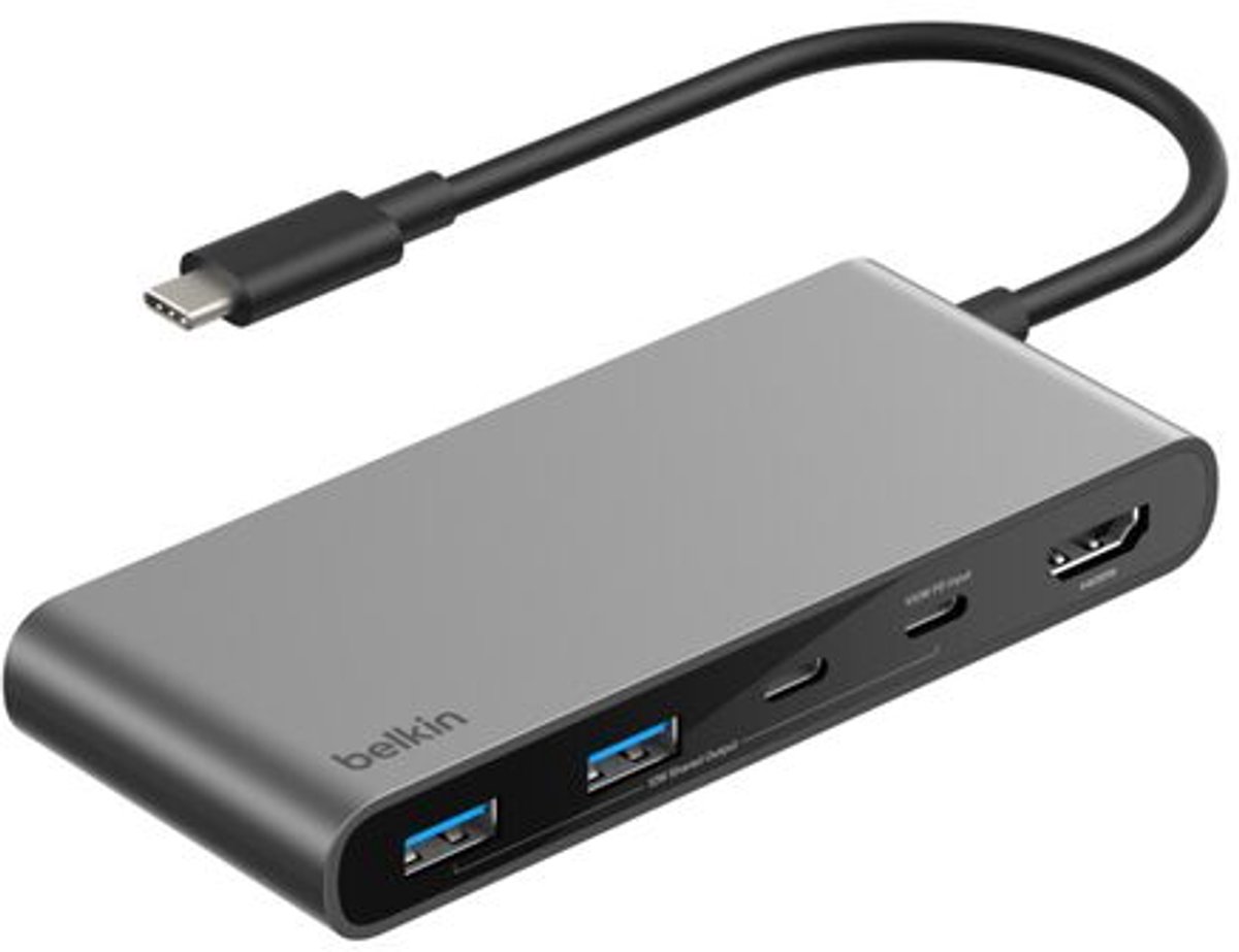Image of Belkin Connect 7-in-1 USB-C Hub – 4K 60Hz HDMI – 100W Power Delivery – 2x USB-C, 2x USB-A, SD en microSD – Grijs