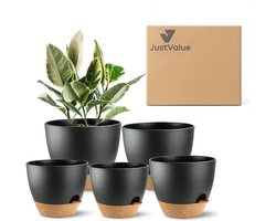 JustValue Bloempot - Set 5-Delig - Ø 12.7-17.8 Cm - Zwart - Bruin - Zelfbewaterend - Met Waterreservoir