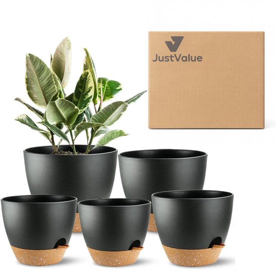 Pots de fleurs JustValue - Set de 5 - Arrosage automatique - Réservoir d'eau - Mèche capillaire - Drainage - Plastique - Rond - Intérieur - Extérieur - Plantes de balcon - Plantes Plantes d'intérieur - Zwart - Marron - Ø 12,7-17,8 Cm