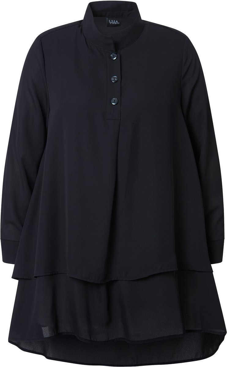 Ulla Popken - Dames - Tuniek laagjeslook A-lijn opstaande kraag lange mouwen - Zwart - Maat 50+