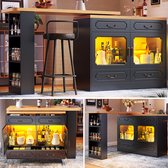 Uitschuifbare Bartafel (135-203x39x93 cm) - 360° Draaibare Bar met LED Verlichting - Zwart Telescoop Keuken Eiland