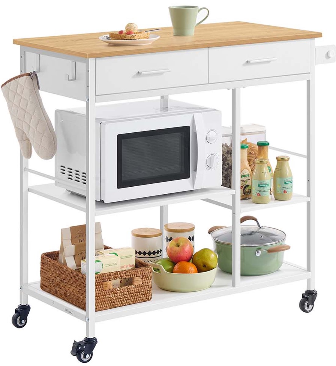 Keukentrolley – keukeneiland op wielen - 45 x 98,7 x 90 cm - met lades, haken en handdoekstang - Met wielen - Veel opbergruimte