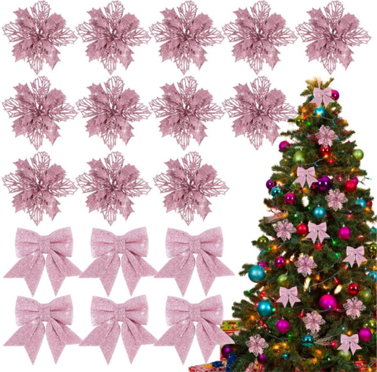 Luxe Glitter Kerstbloemen En Kerststrikken – Set Van 18 Stuks – 12 Glitterbloemen En 6 Strikken – Prachtige Kunstbloemen Voor Kerstboom-En Feestdecoratie – Sfeervolle Kerstversiering Voor Binnen