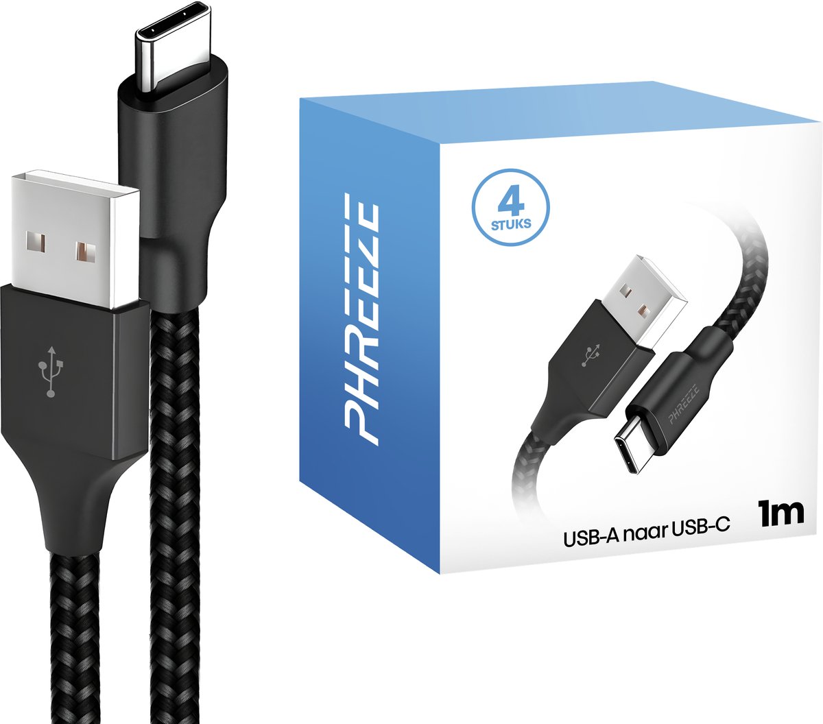 Usb naar usb C kabels 1m - Stevig & lange levensduur - 4 pack - Zwart - Phreeze