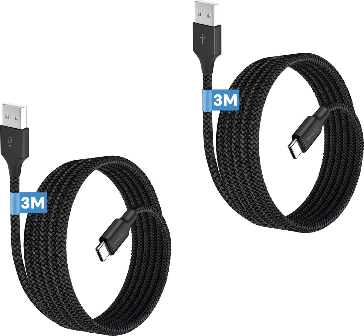 2x usb A naar usb C kabel - 3 meter - Oplader usb naar usb C - Oplaadkabel - Phreeze