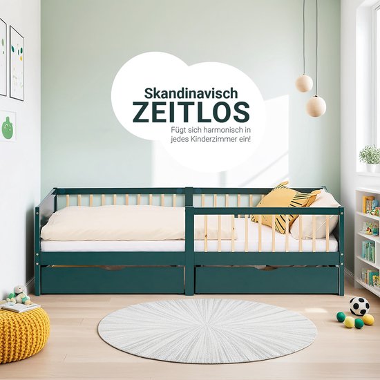Groen kinderbed met matras en lades, passend in elk kinderkamer.
