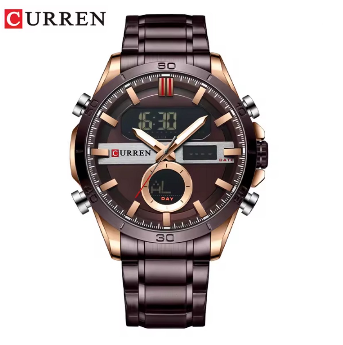 CURREN Horloge 8384 - Rosékleurig-Donkerbruin - Heren - Digitaal Quartz - 48 mm - Chronograaf - Stalen Band - Kalender - Waterbestendig