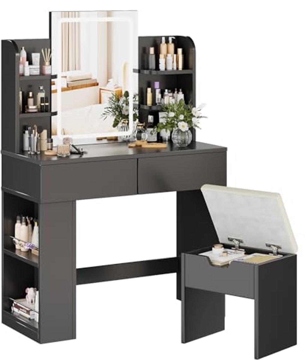 Kaptafel met Kruk en Spiegel - Frisiertafel met LED Verlichting en 2 Laden - Modern Design