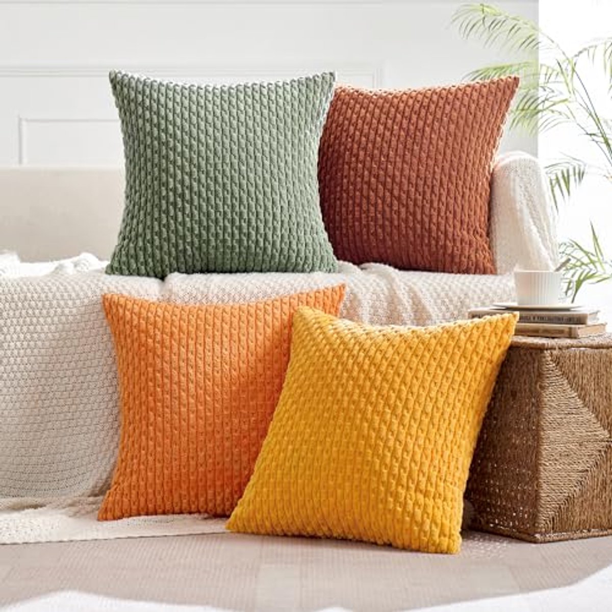 Set van 4 Corduroy Kussenslopen - Decoratieve Kussenhoezen voor Woonkamer en Slaapkamer - Modern Design 50x50 cm Oranje Groen